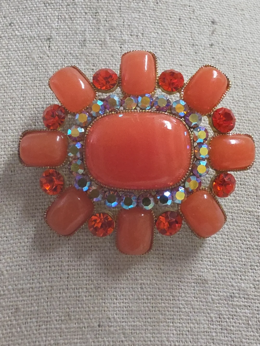 Vintage Oval Orange Cabochon Rhinestone and Aurora Borealis Brooch - Picture 3 of 5